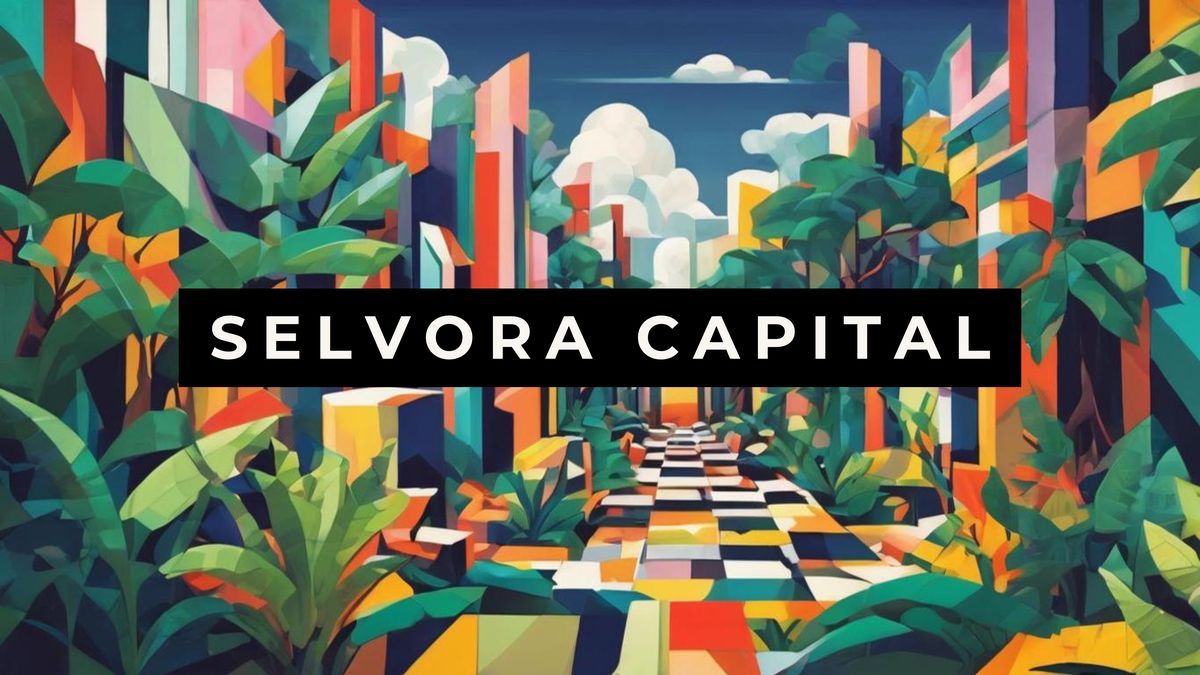 Selvora Capital brand art: a city avenue overtaken by tropical forest, with the Selvora Capital logo at the center